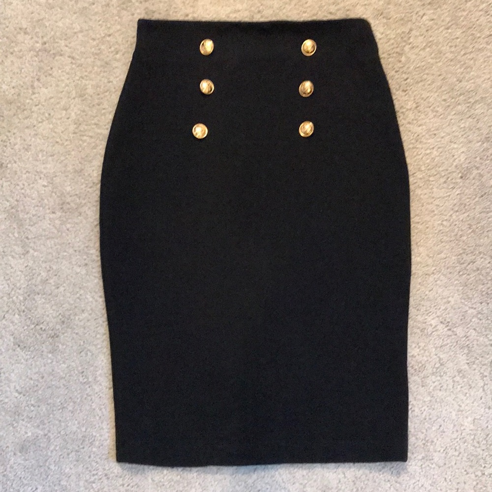 black midi skirt with gold buttons